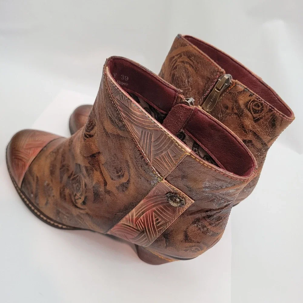 Spring Step L'Artiste Ankle Boots Womens Brown Gold Floral Leather 39